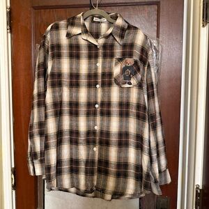 Cozy Plaid Button Down Shirt in Brown Teddy Bear Pocket